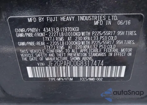 2016 Subaru Crosstrek 2.0I Premium from USA, damaged, VIN JF2GPABC0G8317474